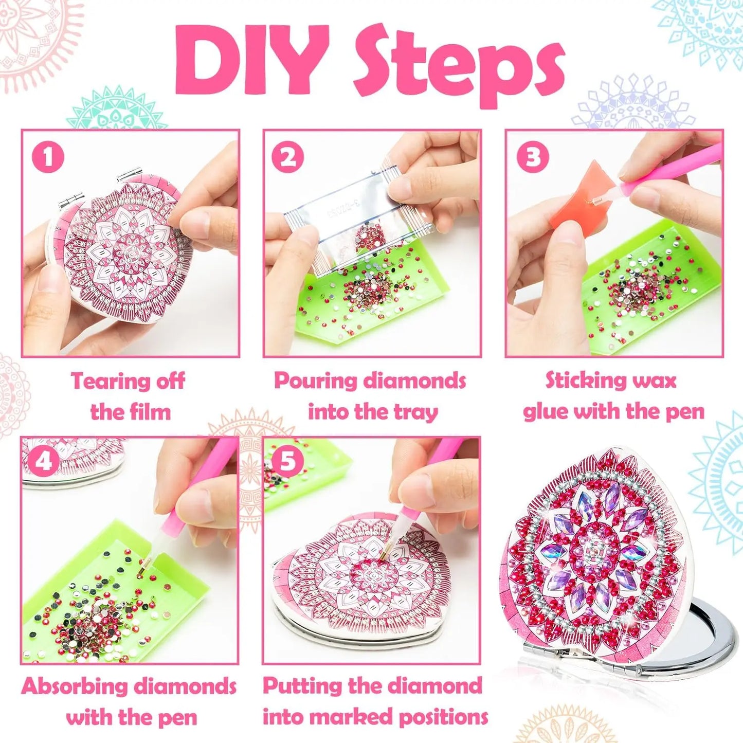 4Pcs Mandala Diamond Painting Compact Mirror Art Kits