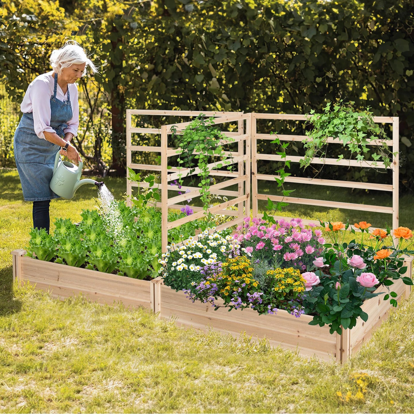 Wooden U-Shaped Raised Garden Bed Planter Box with Trellis