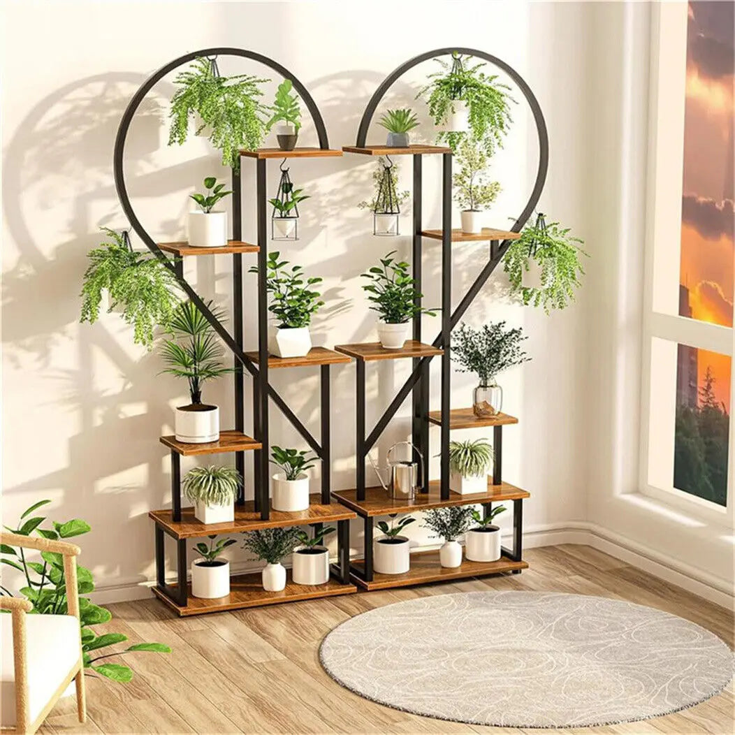 6 Tier Heart Shaped Wood and Metal Plant Stand Storage Shelf