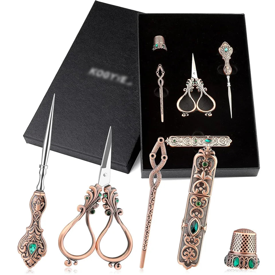 Vintage European Style Scissors Kit With Needle Case And Awl