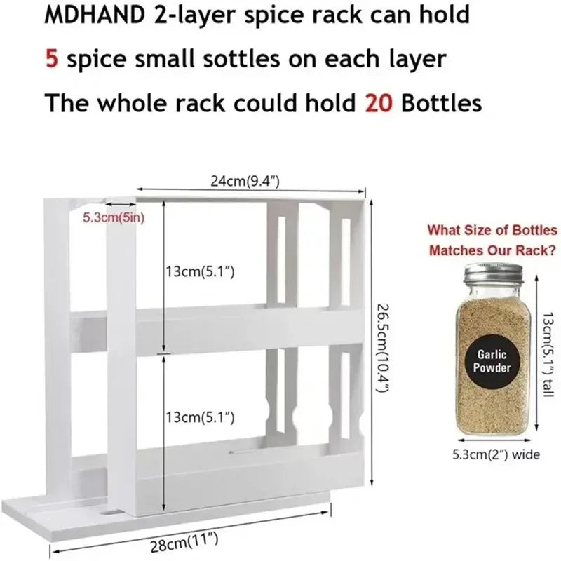 Two Tier Rotate Spice Storage Rack And Swivel Organizer For Kitchen And Bathroom White