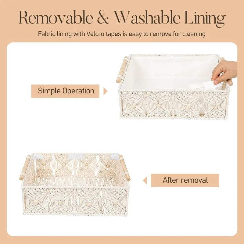 5 Piece Macrame Decorative Storage Bins with Wooden Handles