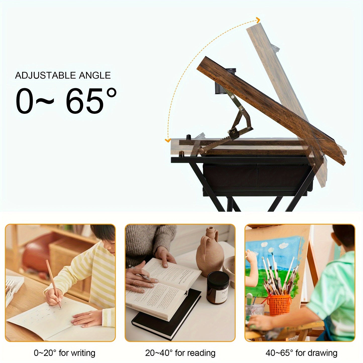 Brown Adjustable Drafting Table With Drawers And Stool