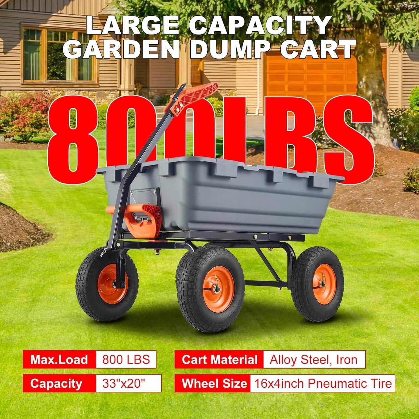800 Lbs Garden Dump Cart With Steel Frame And Terrain Tires