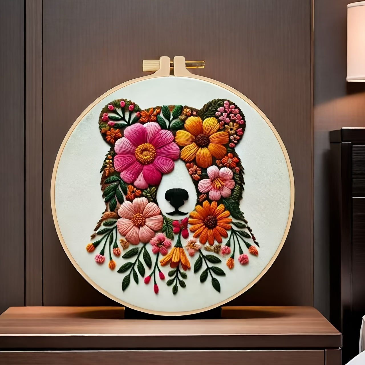 Vibrant Floral Embroidery Kit Bear And Flower Black Outline