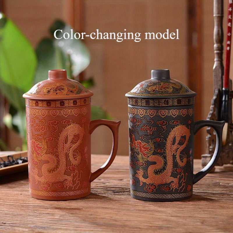 Purple Ceramic Tea Cup With Lid Dragon Color Changing Design