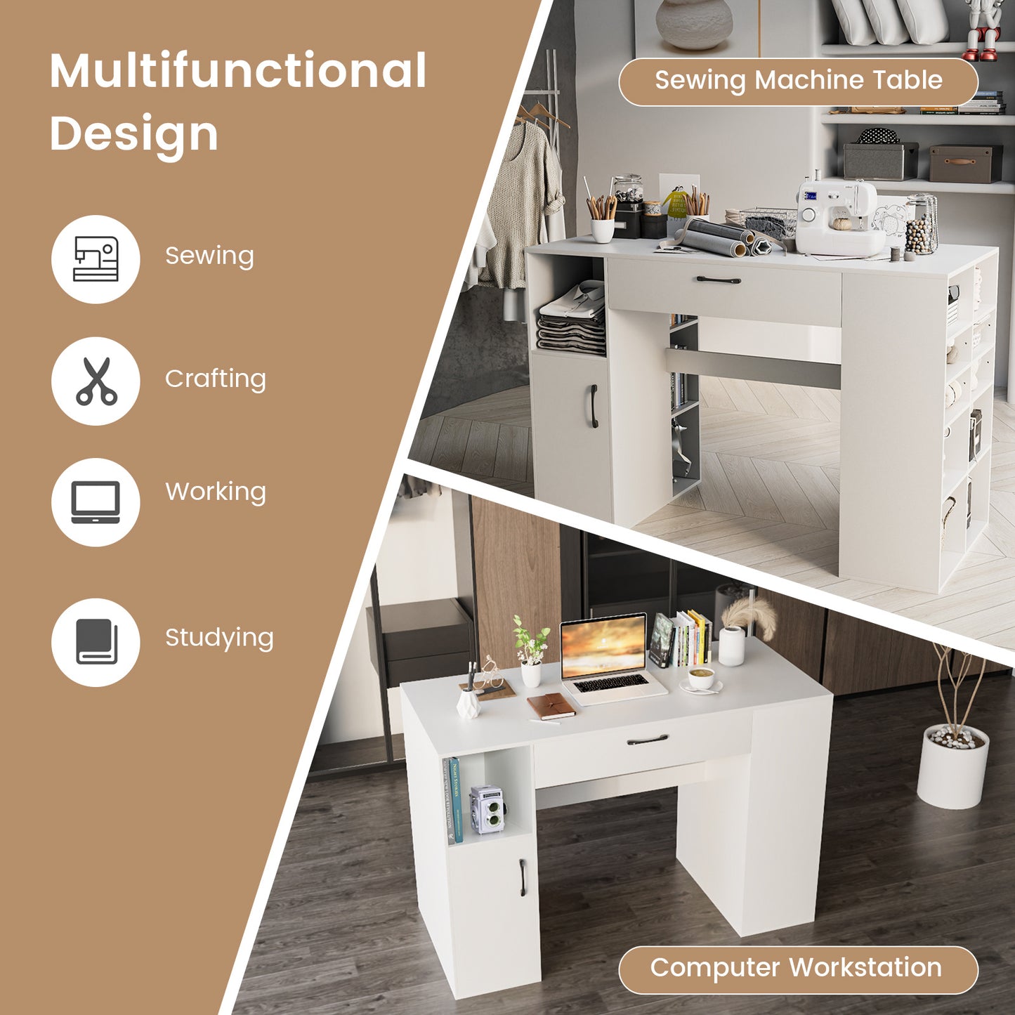 COSTWAY 36 Inch White Wooden Sewing Table With Storage
