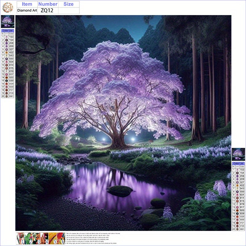 5D Purple Night Light Cherry Blossom Diamond Painting Kit