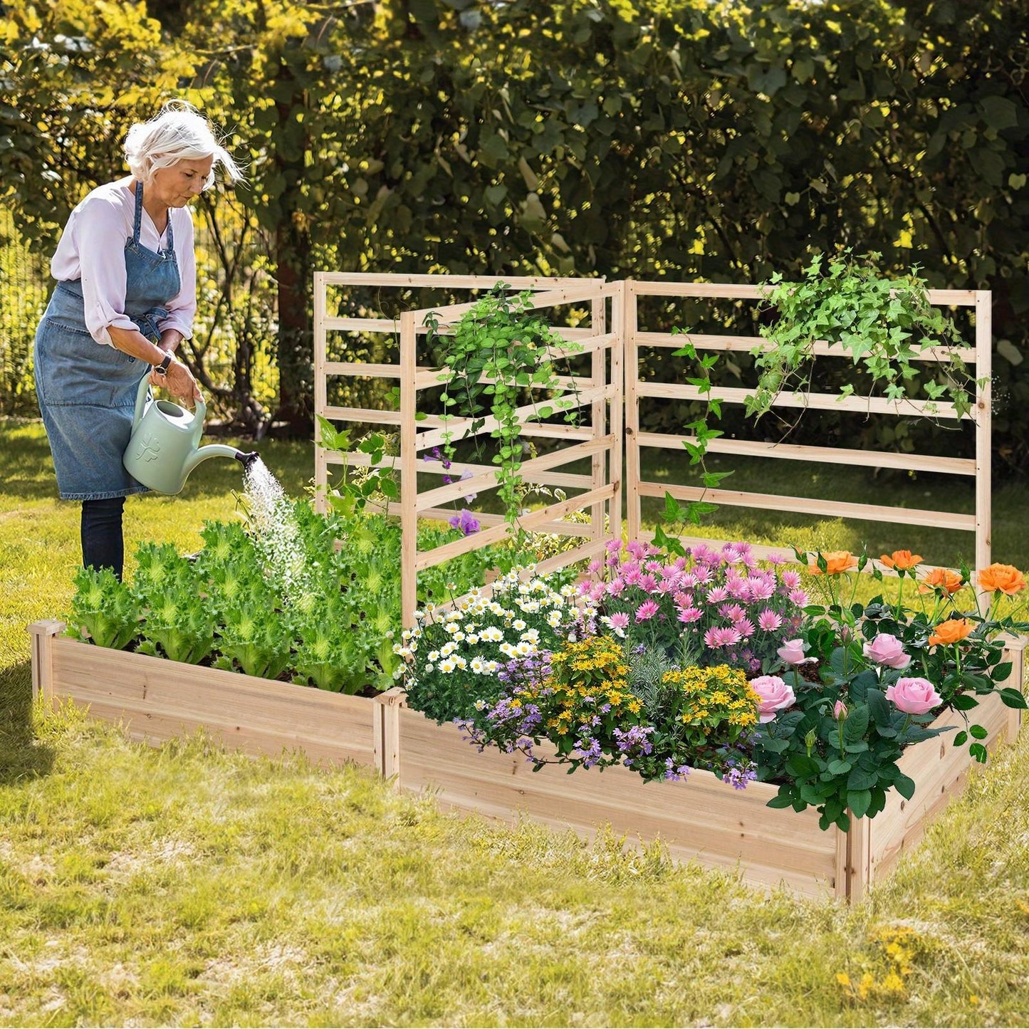 Costway Garden Bed With Two Planter Boxes And Trellis