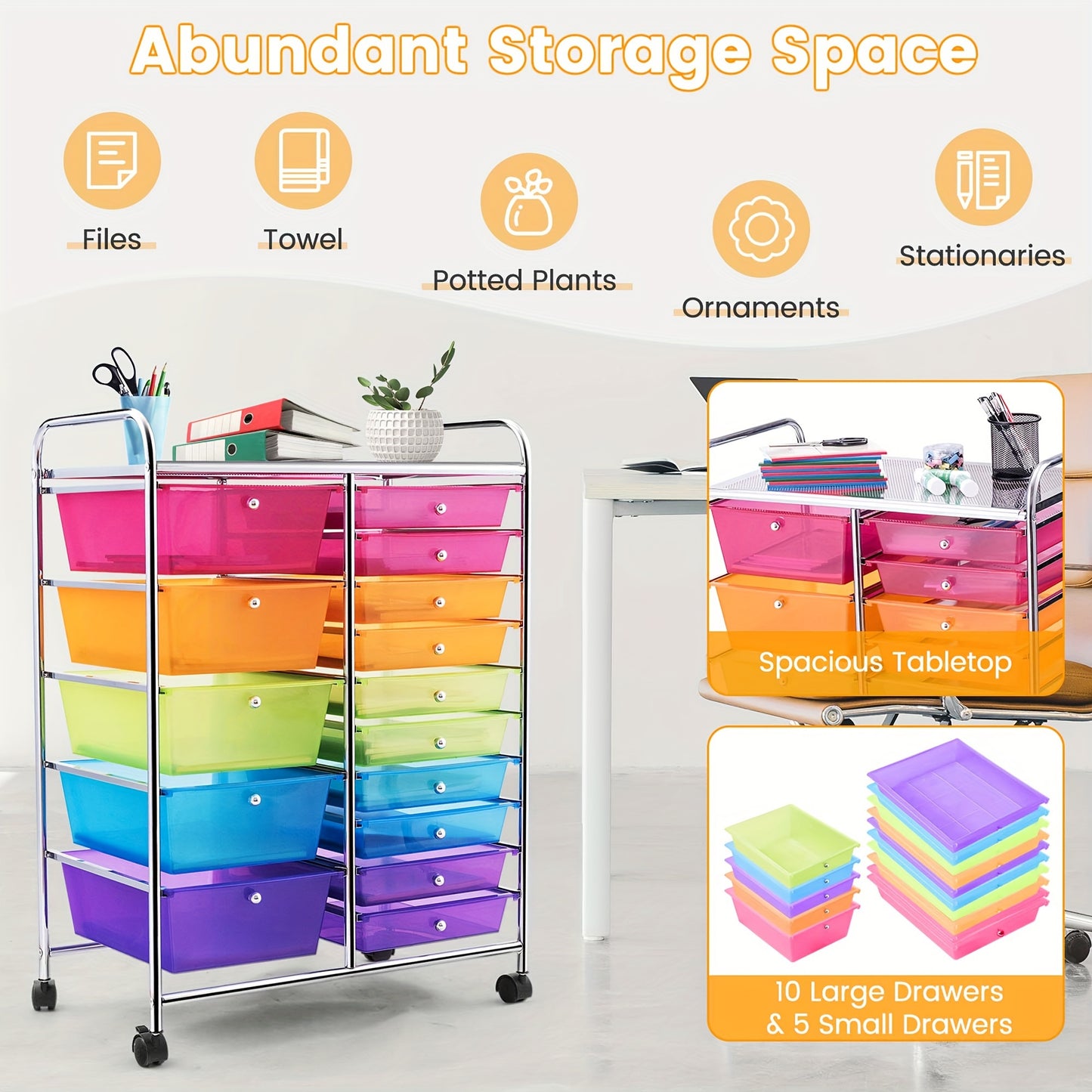 Costway 15-Drawer Rolling Storage Cart for Office and School