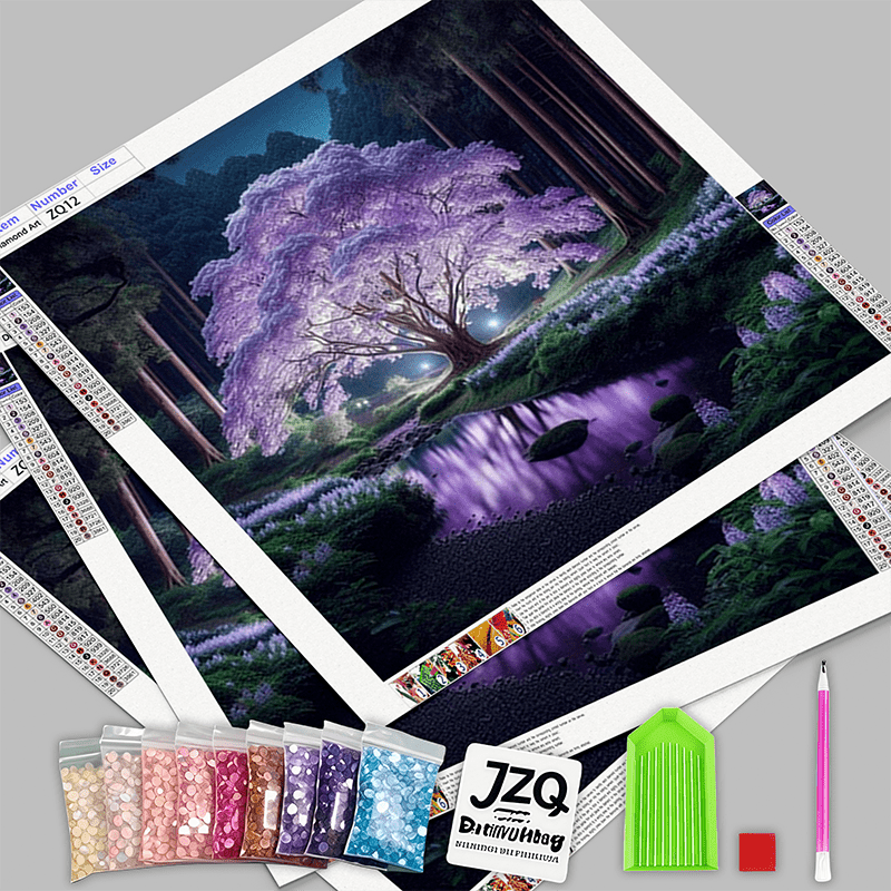 5D Purple Night Light Cherry Blossom Diamond Painting Kit