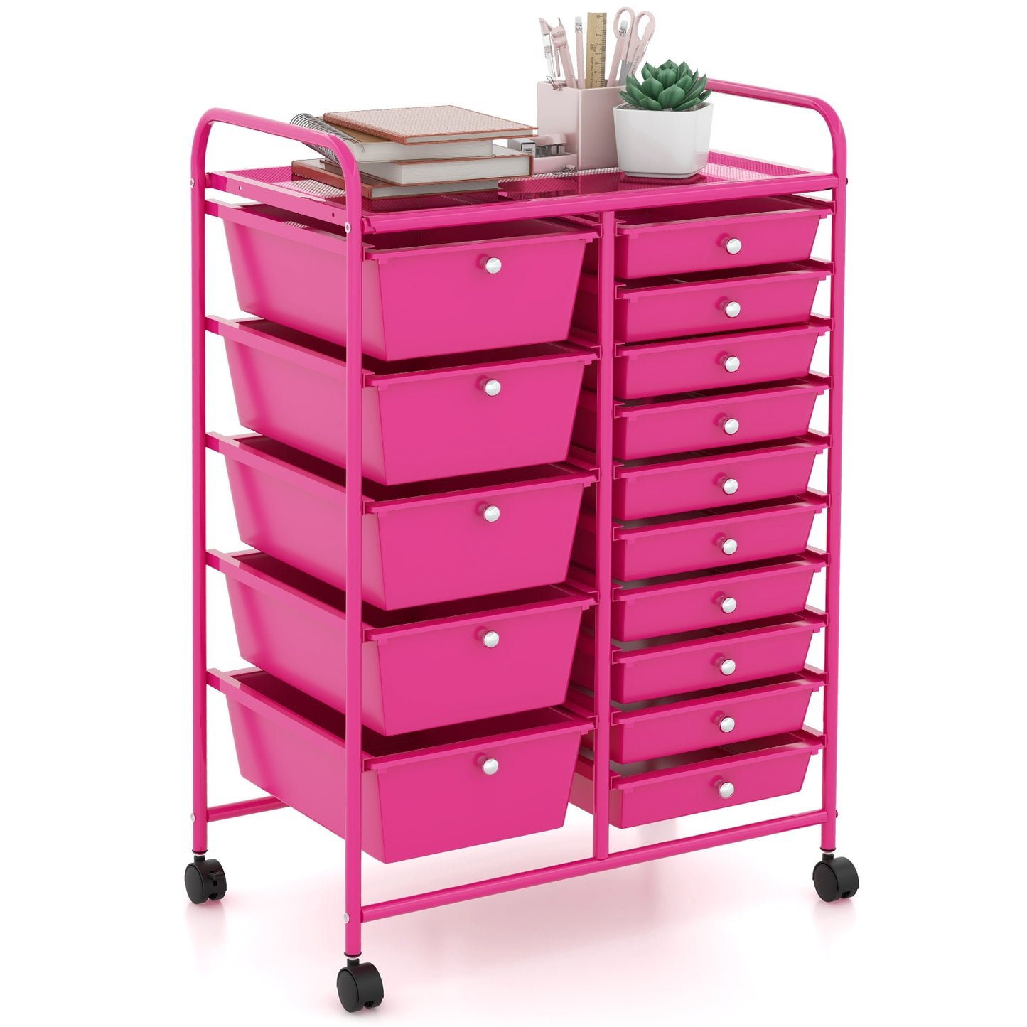 MULTIGOT Pink Cast Iron 15-Drawer Rolling Storage Cart