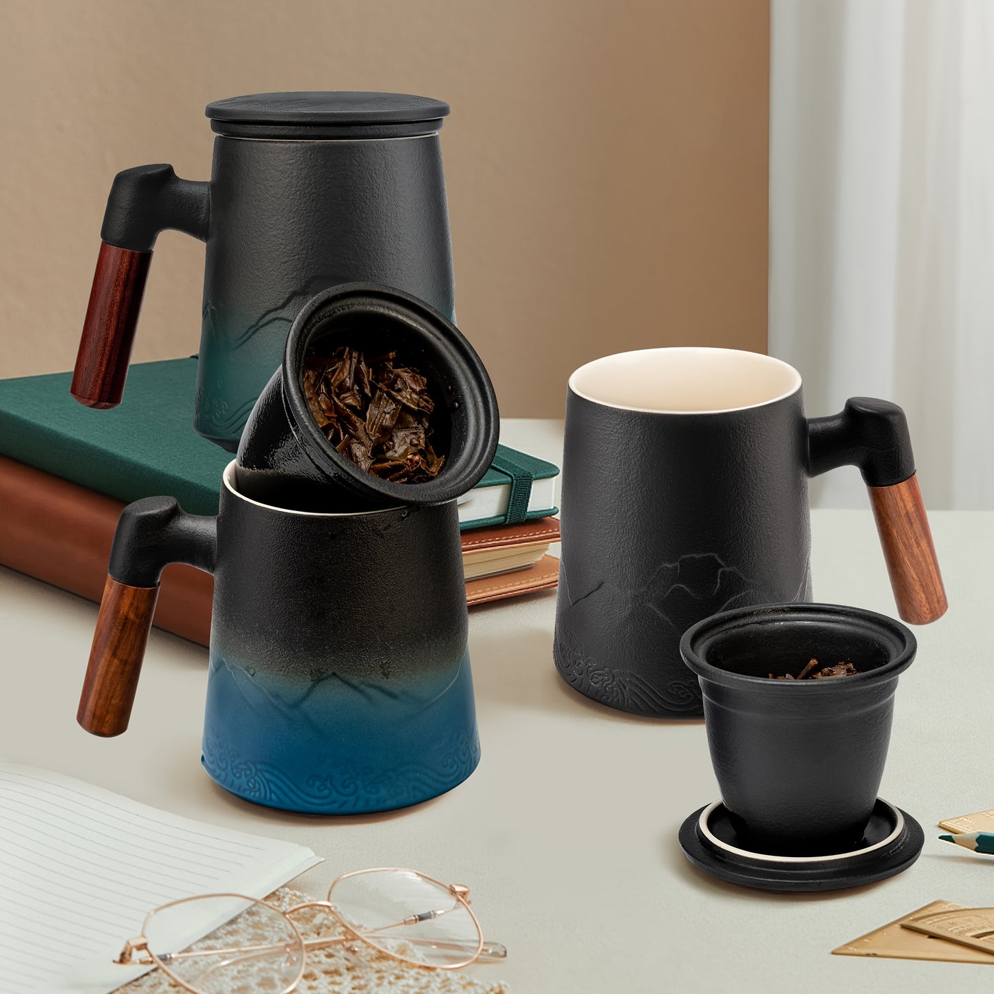 Ceramic Teapot With Infuser And Lid Wooden Handle For Tea