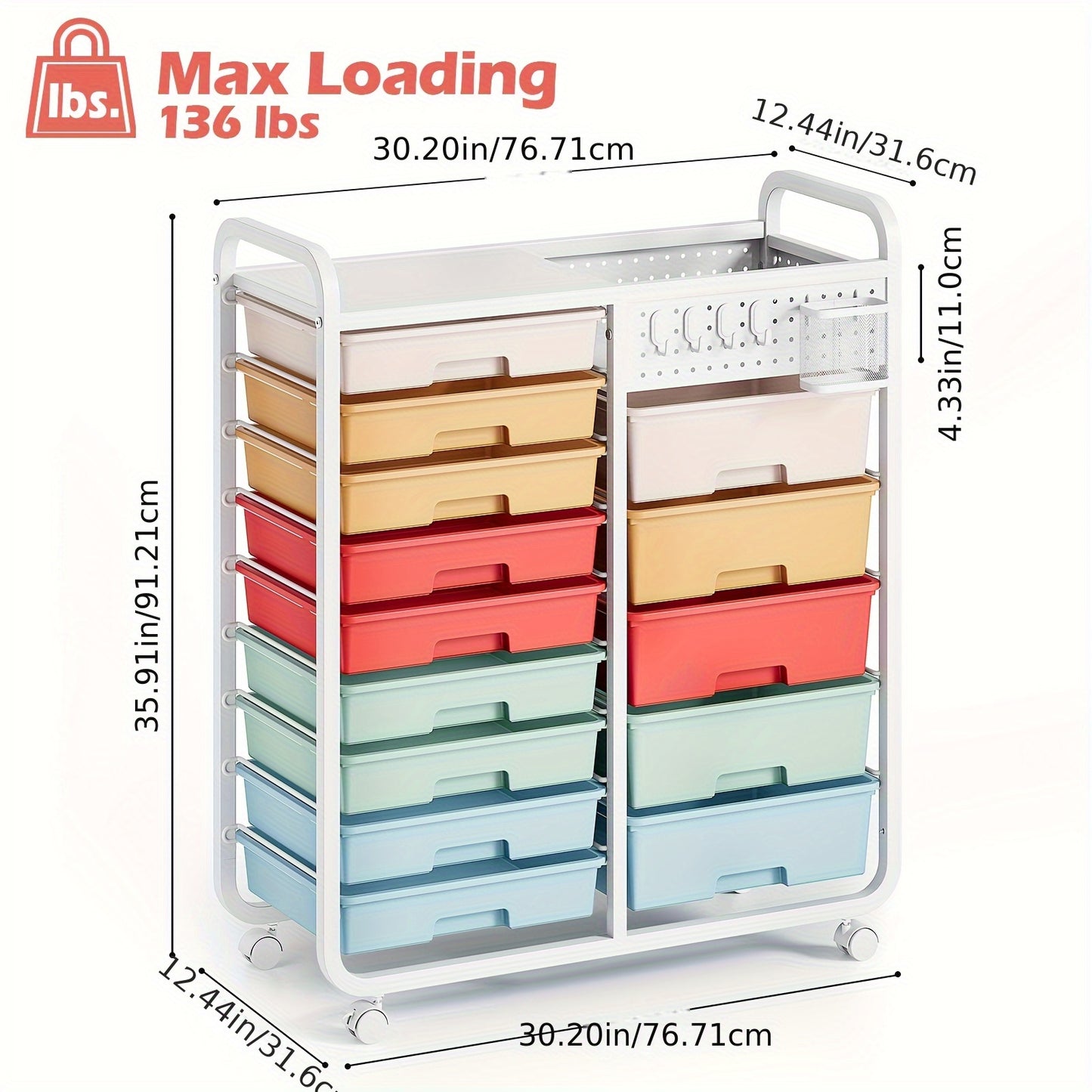TOOLF Durable 14-Drawer Rolling Metal Storage Cart