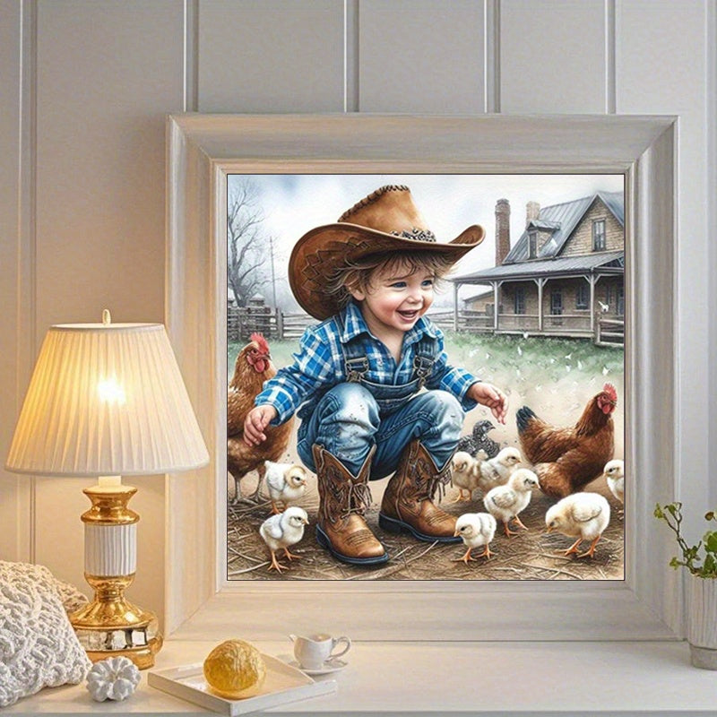 5D Diamond Painting Kit Cowboy And Chickens Round Canvas