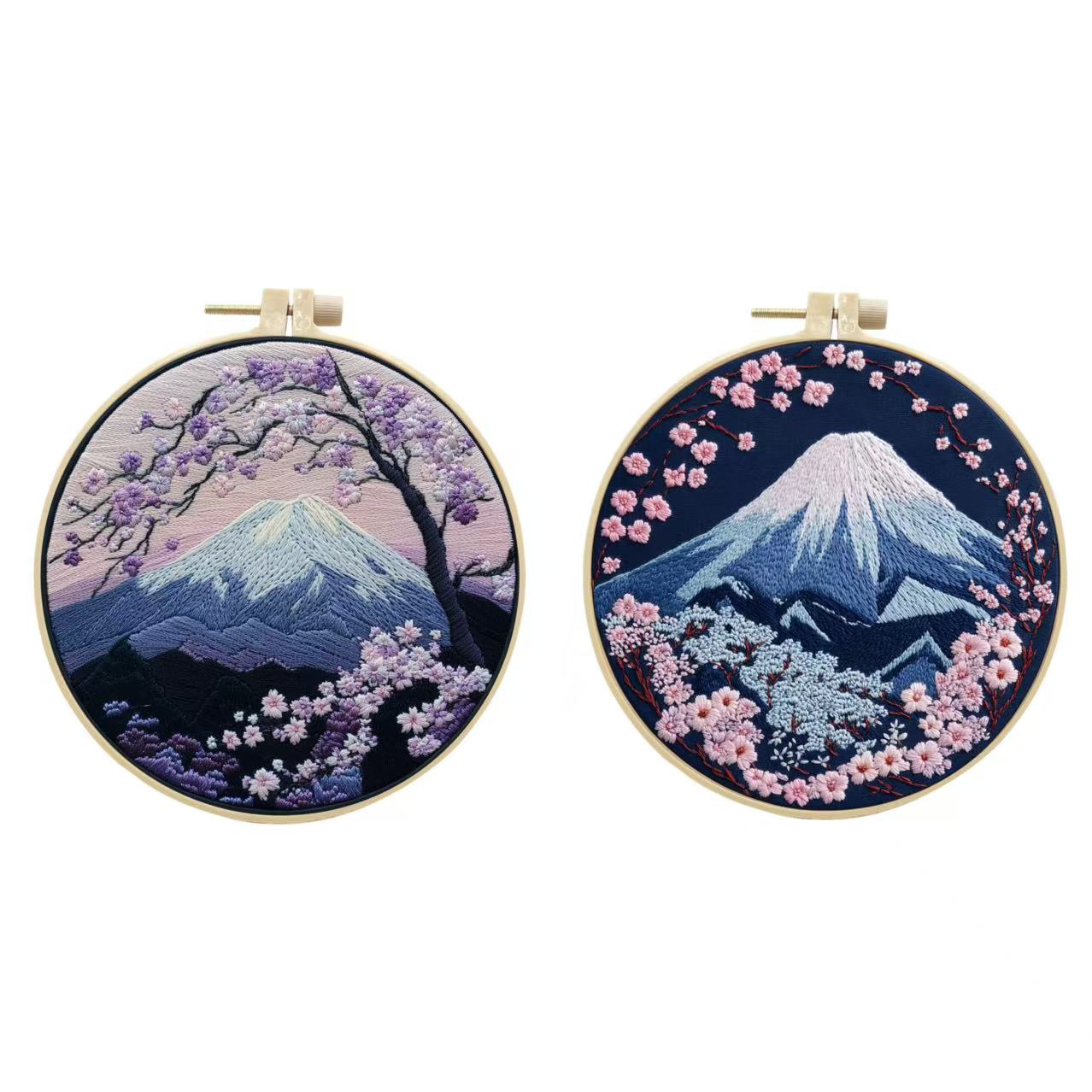Mount Fuji Cherry Blossom Landscape Embroidery Kit With Pre Printed Fabric Hoop And Threads For Beginners