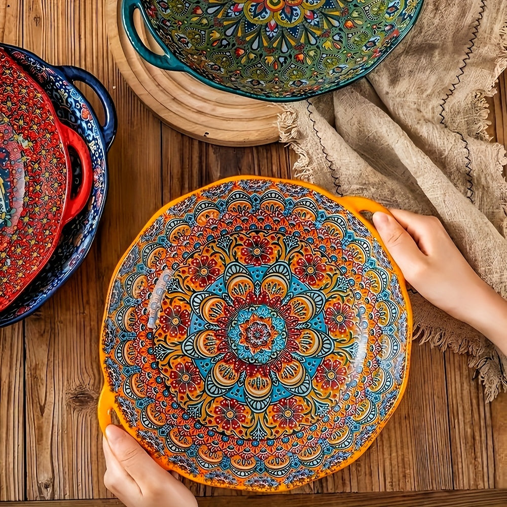 NTKOW Bohemian Ceramic Salad Bowl 12 Inch Dual Handles
