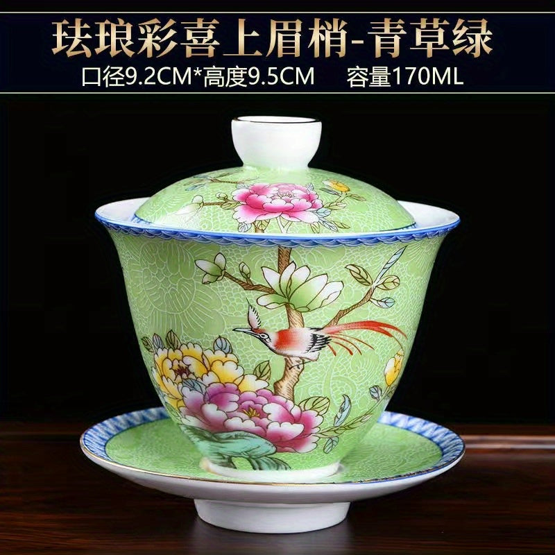 Ceramic Enamel Covered Tea Cup Set With Lid And Decor