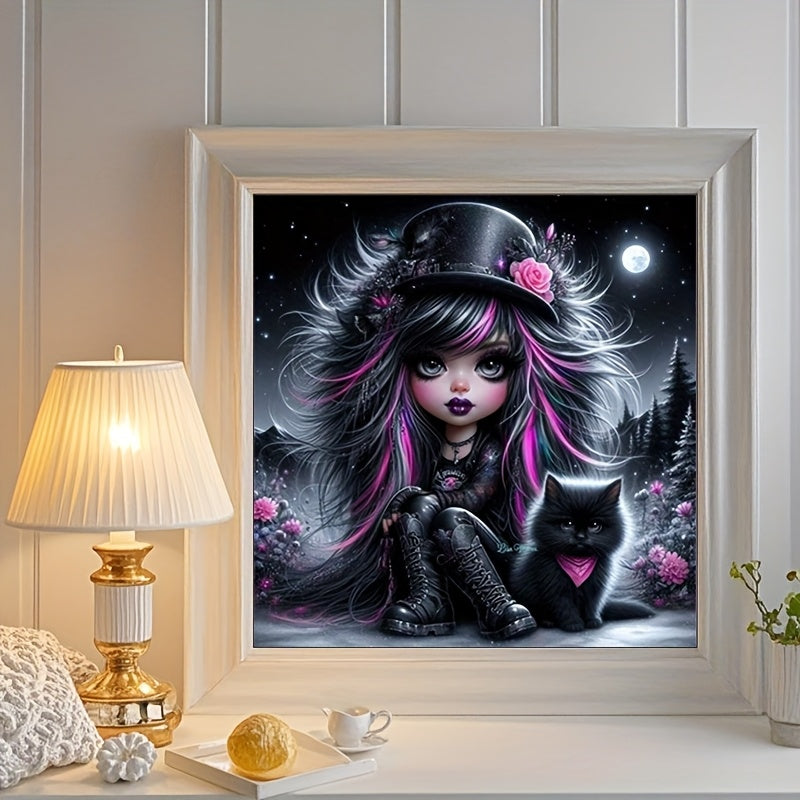 Girl With Black Cat 5D Diamond Art Kit Round Drill Beginner