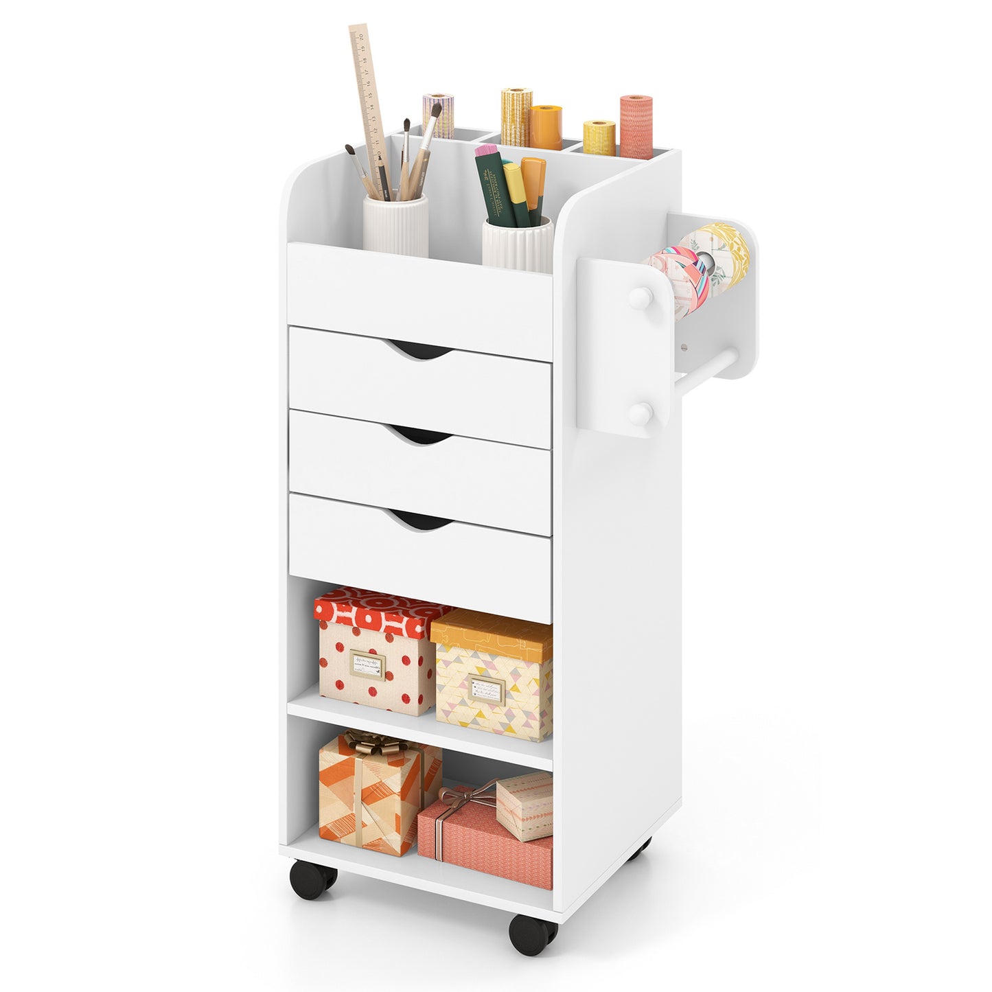 Versatile White Rolling Craft Cart with Drawers and Shelves