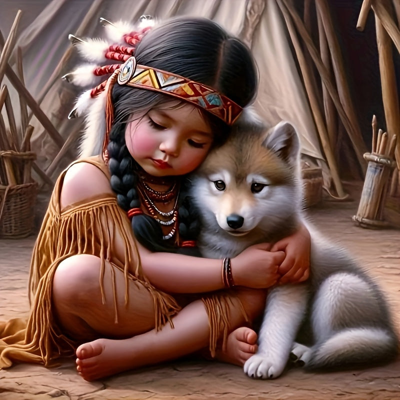 Native American Girl And Dog Diamond Painting Kit Mosaic