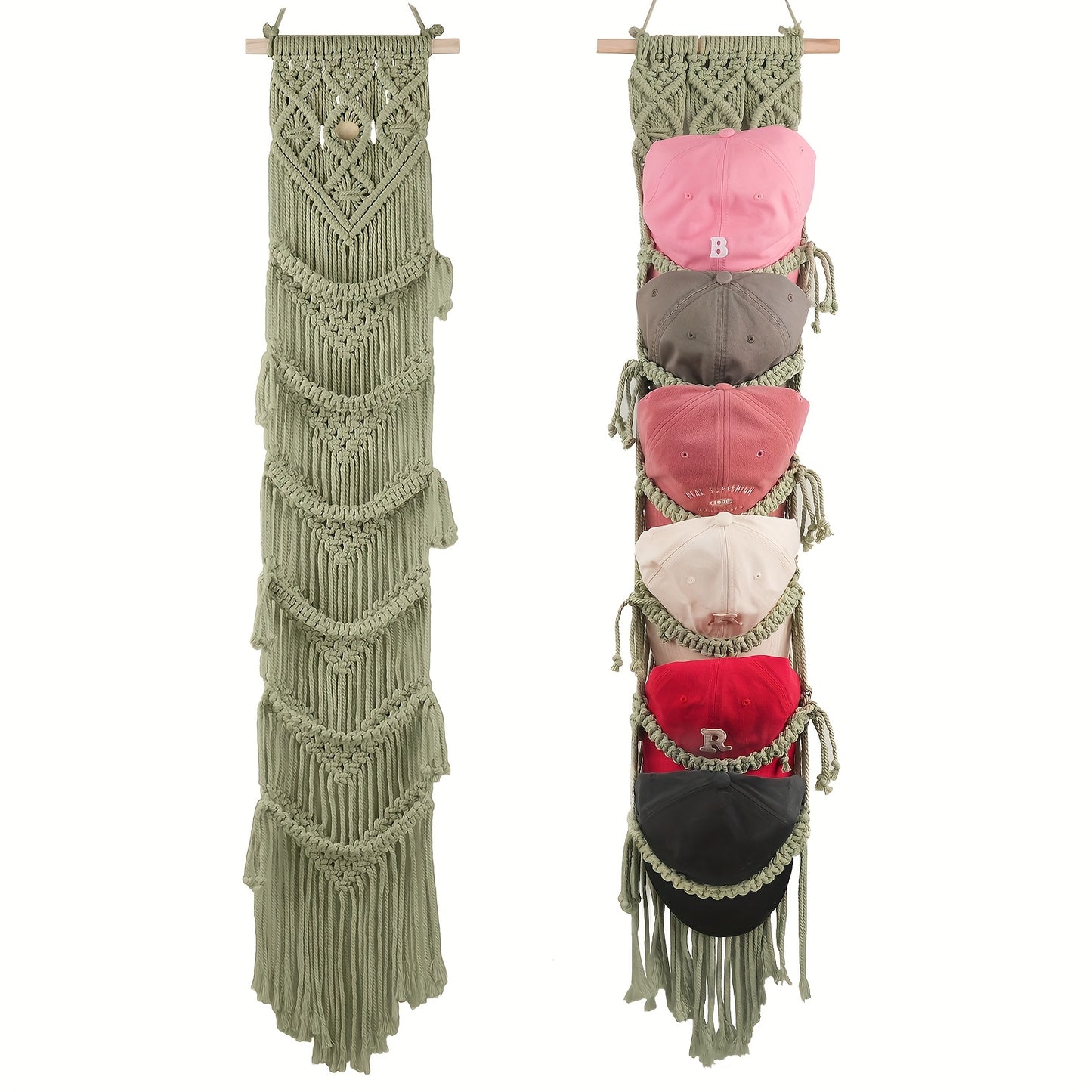 Wooden Wall Mount Hat Rack With Macrame Tassels Foldable