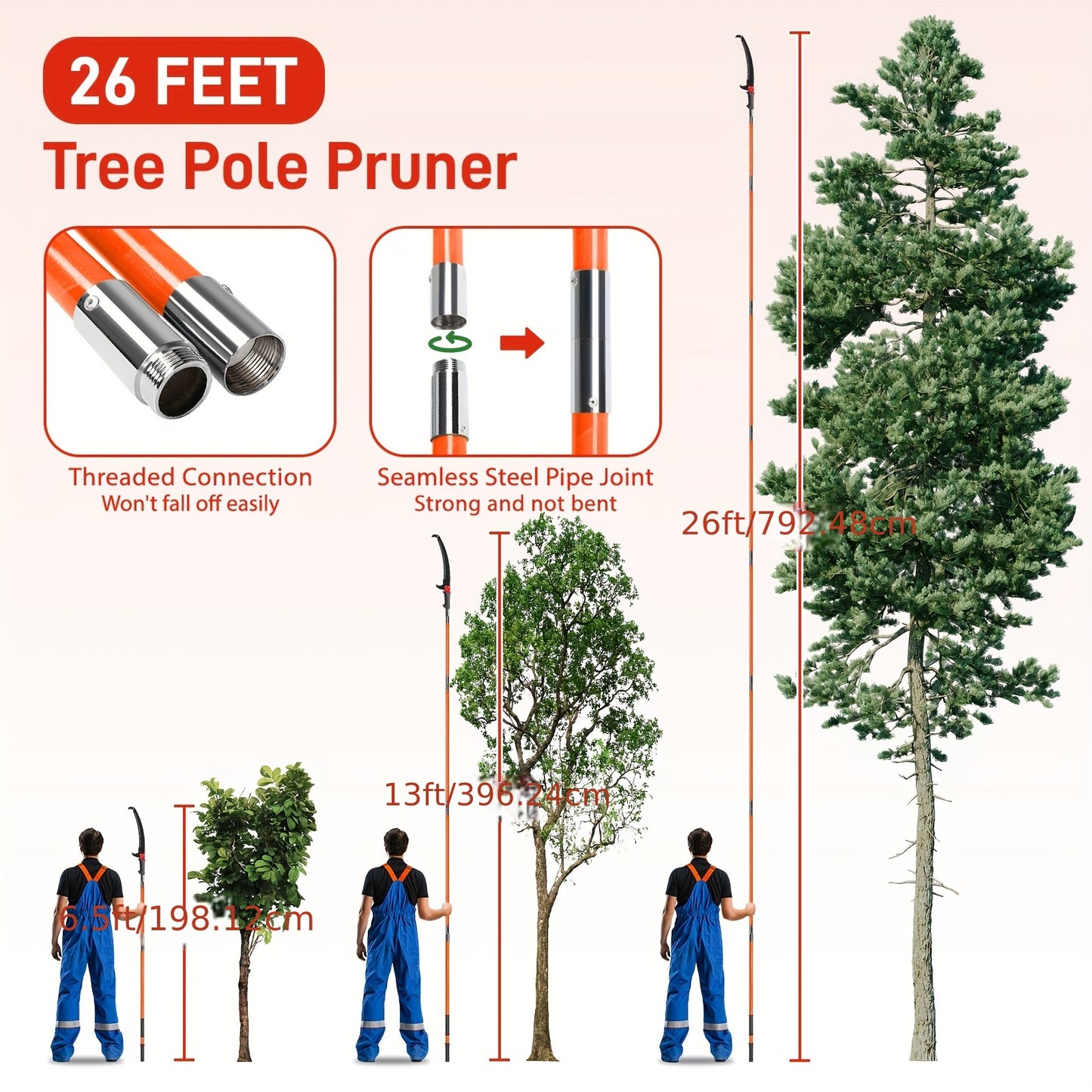 26ft Adjustable Pole Saw With Spiral Blades And Fiberglass
