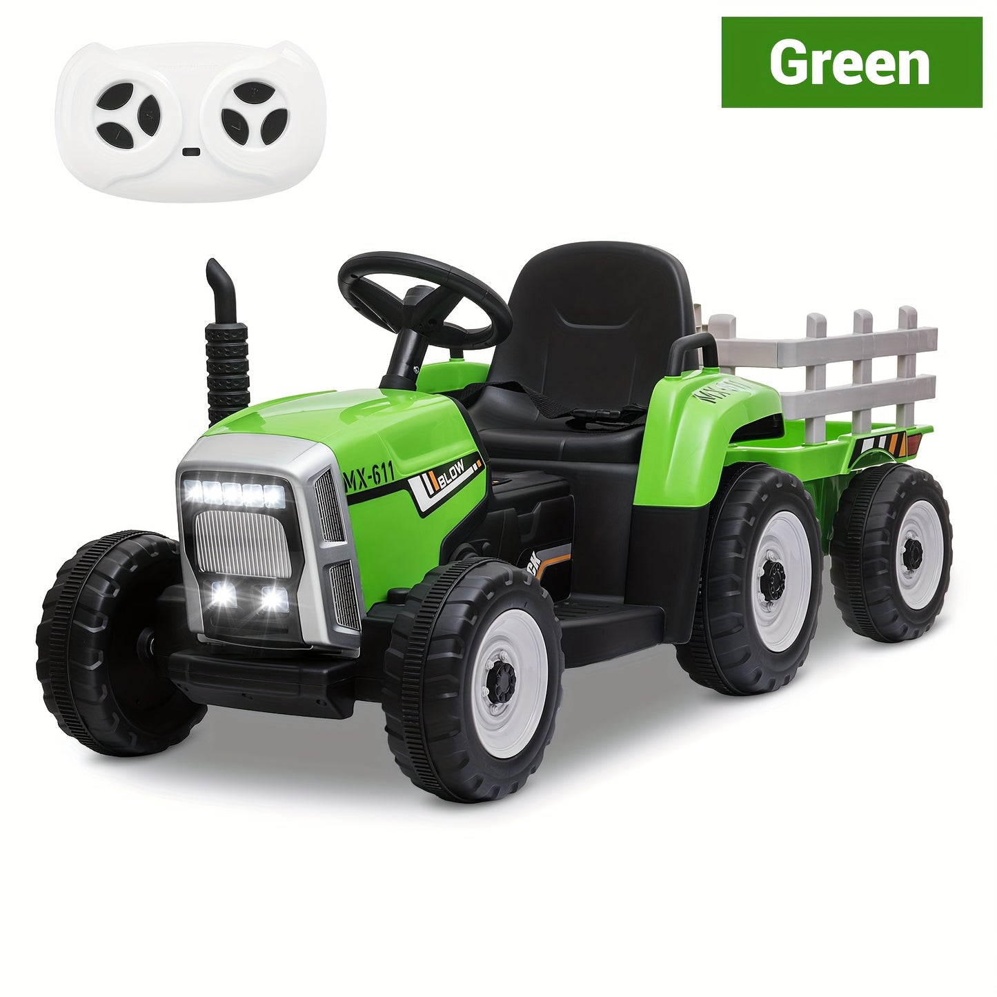 12V Green Ride-On Tractor With Trailer And Remote Control