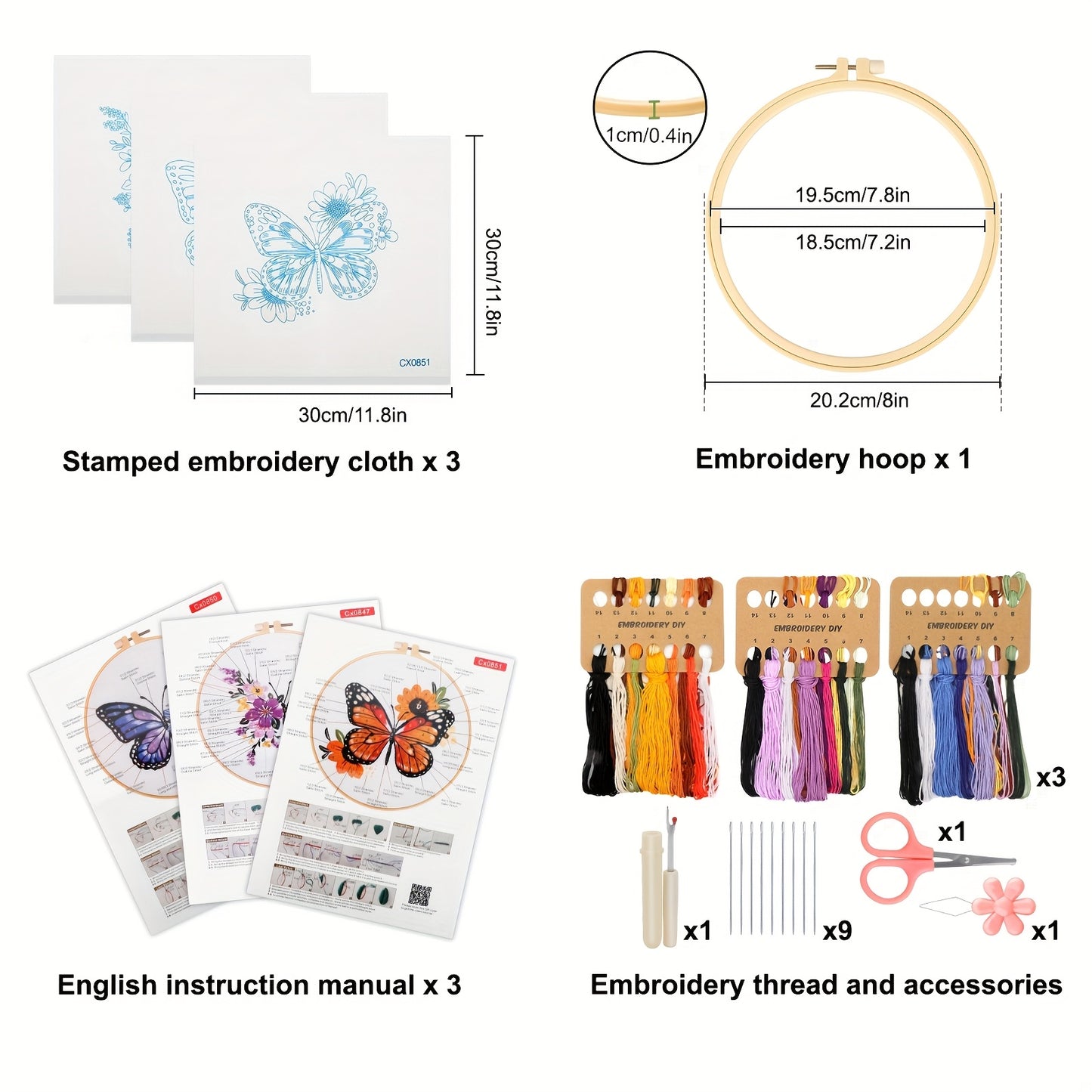 3 Piece Butterfly Embroidery Kit For Beginners With Thread