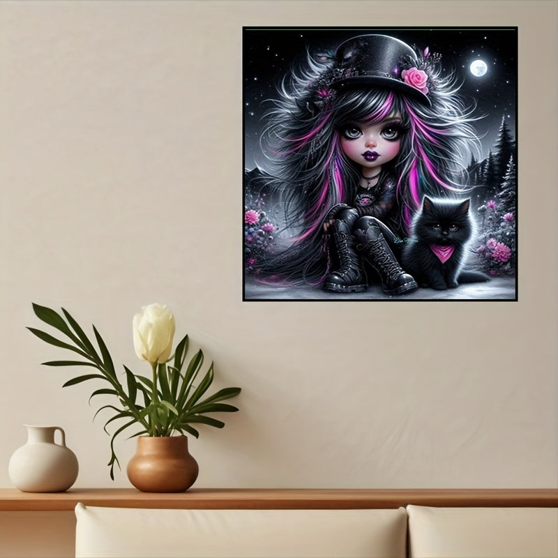 Girl With Black Cat 5D Diamond Art Kit Round Drill Beginner