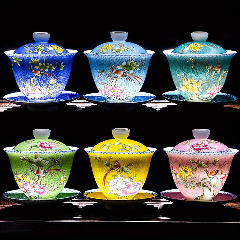 Ceramic Enamel Covered Tea Cup Set With Lid And Decor