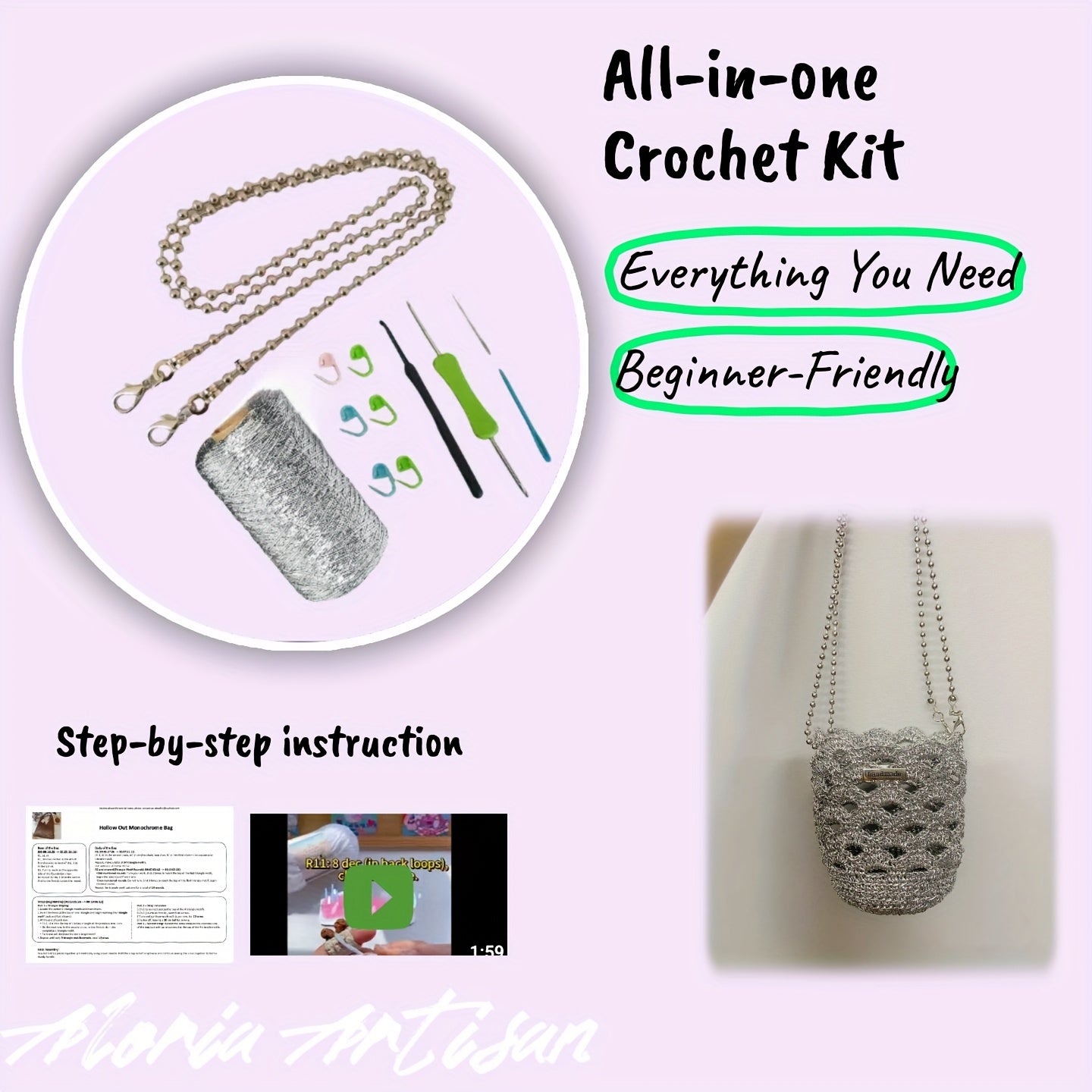 Metallic Silver Crochet Bag Kit With Beaded Chain Shell