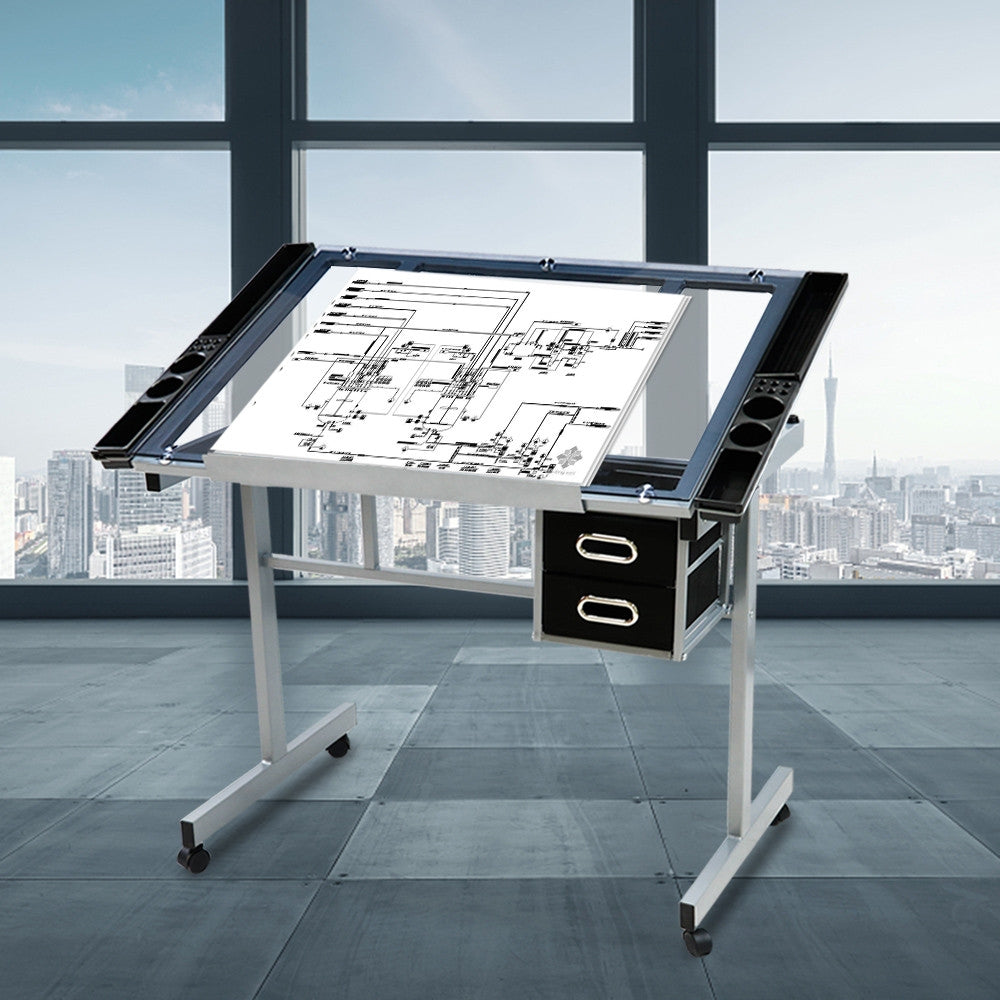 Costoffs Adjustable Glass Art Desk With Wheels And Drawers