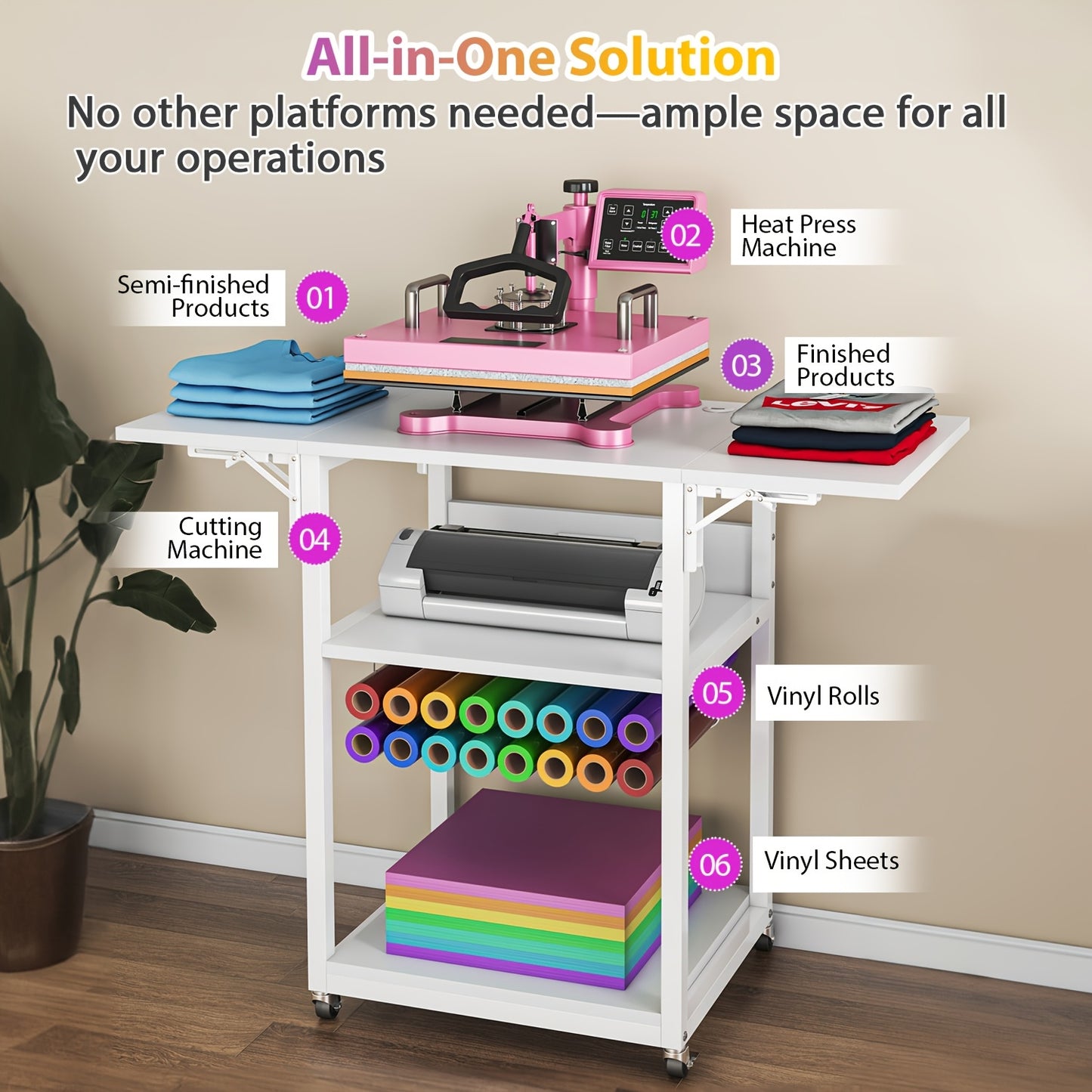 Foldable 3-Tier Heat Press Table with Vinyl Holder for DIY