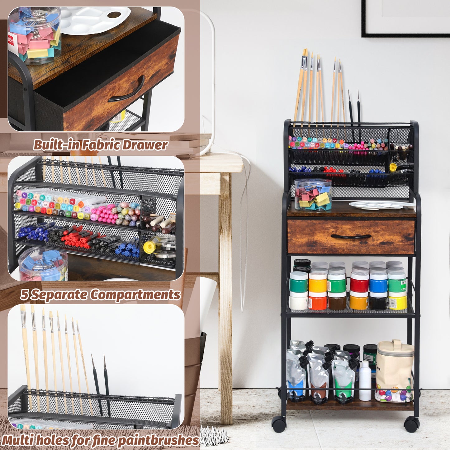 6 Tier Metal and Wood Rolling Utility Cart with Drawer