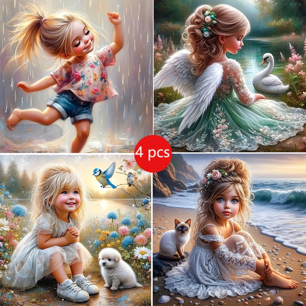 4Pcs Cute Little Girl Diamond Painting Kit Full Round 5D