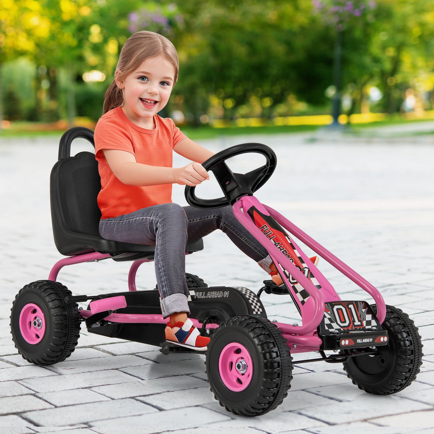 Costway Pink Kids Pedal Go Kart With Handbrake And 4 Wheels