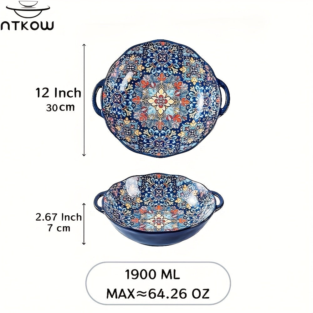 NTKOW Bohemian Ceramic Salad Bowl 12 Inch Dual Handles