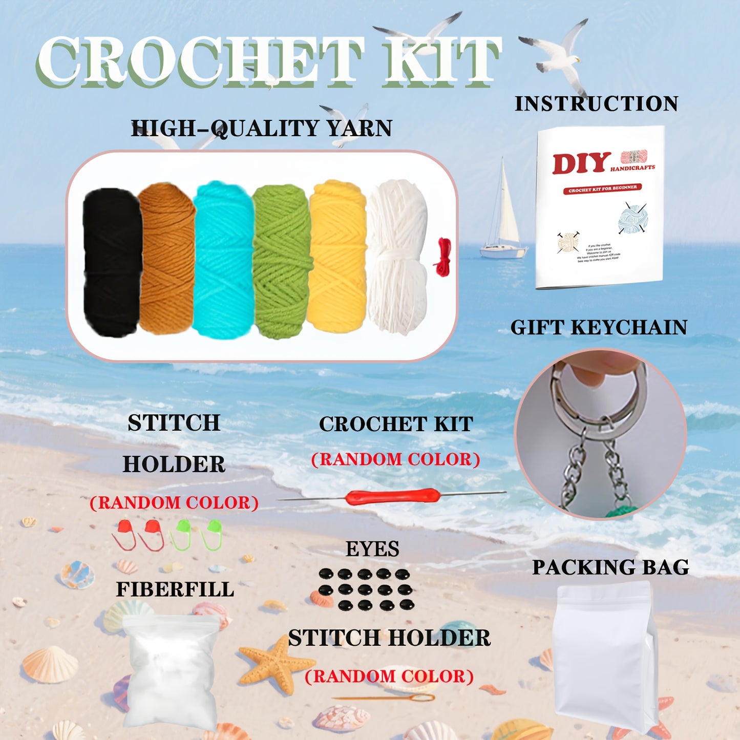 Seven Piece Beginner Crochet Kit Dinosaur Panda Frog