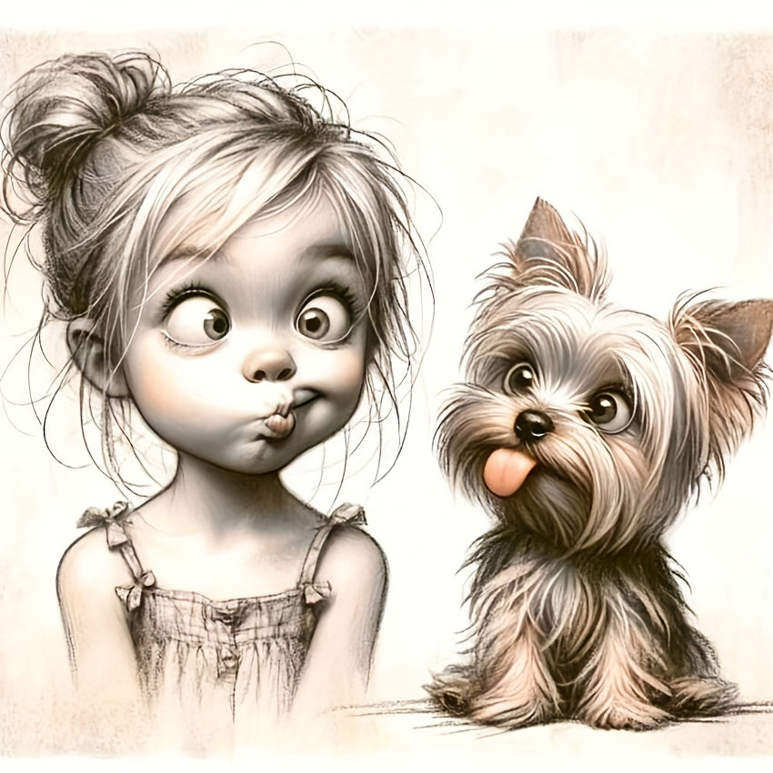 Diamond Art DIY Full Round Grumpy Face With Kid Dog