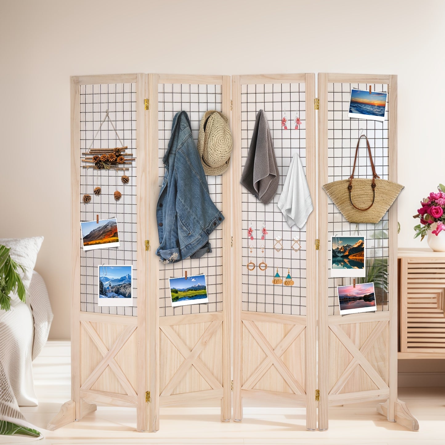 Matladin White 4-Panel Folding Gridwall Room Divider