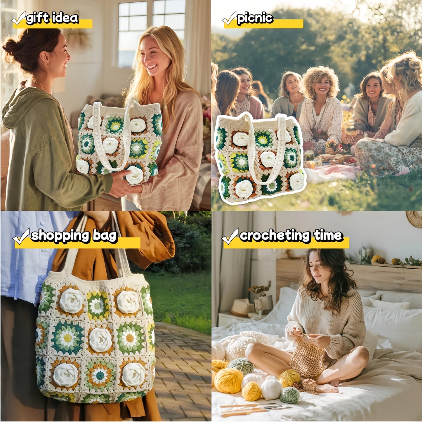 Crochet Kit 3D Camellia Granny Square Bag DIY Tote Set