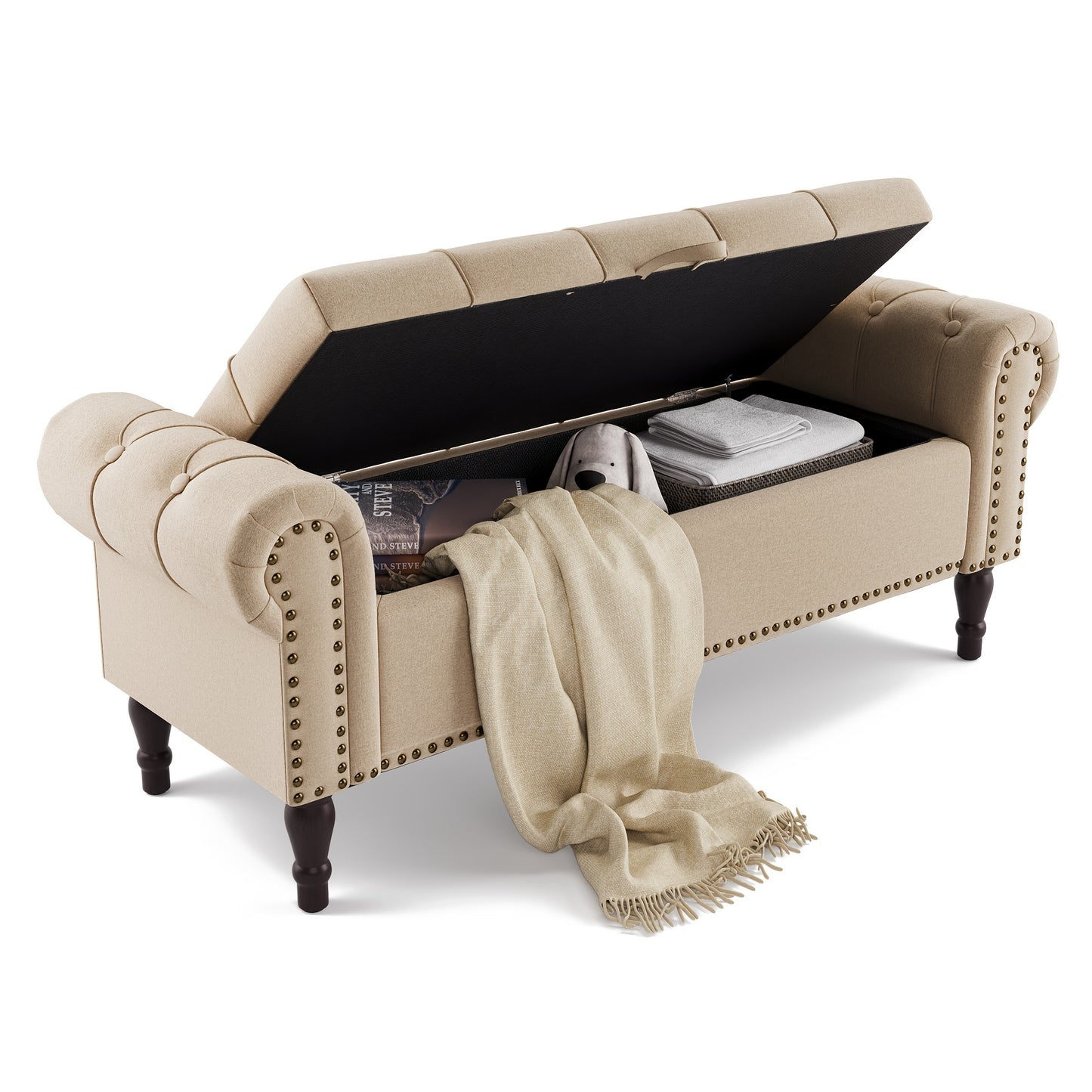 Storage Bench Ottoman 50 Inch Linen And Faux Leather