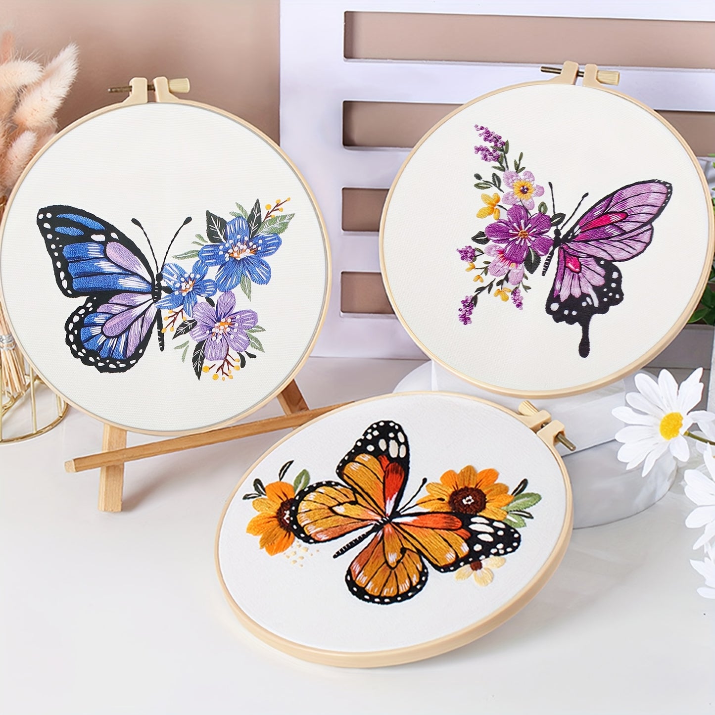 3 Piece Butterfly Embroidery Kit For Beginners With Thread