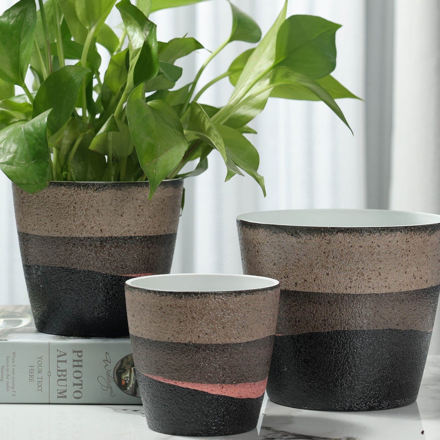 3-Piece PolyStone Modern Round Planters, Indoor Outdoor