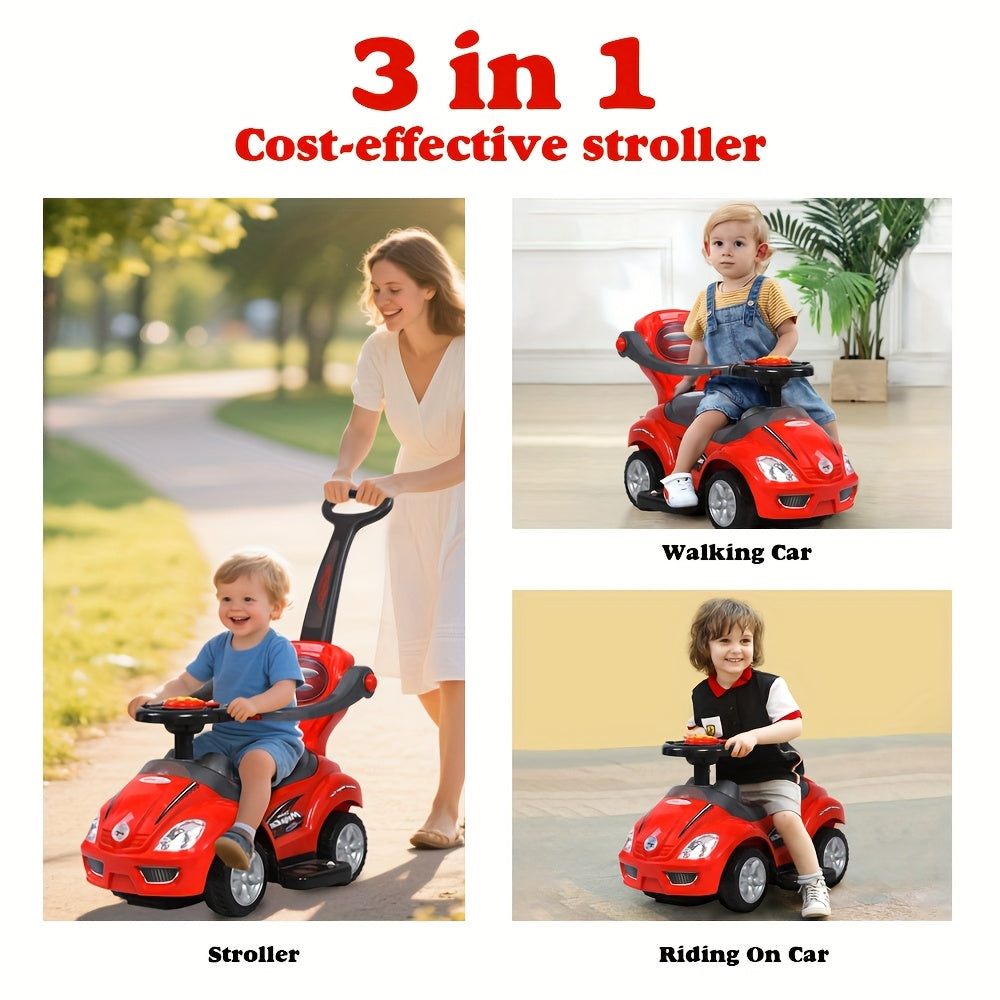 Pink 3-in-1 Push Ride Walker Car for Toddlers with Music