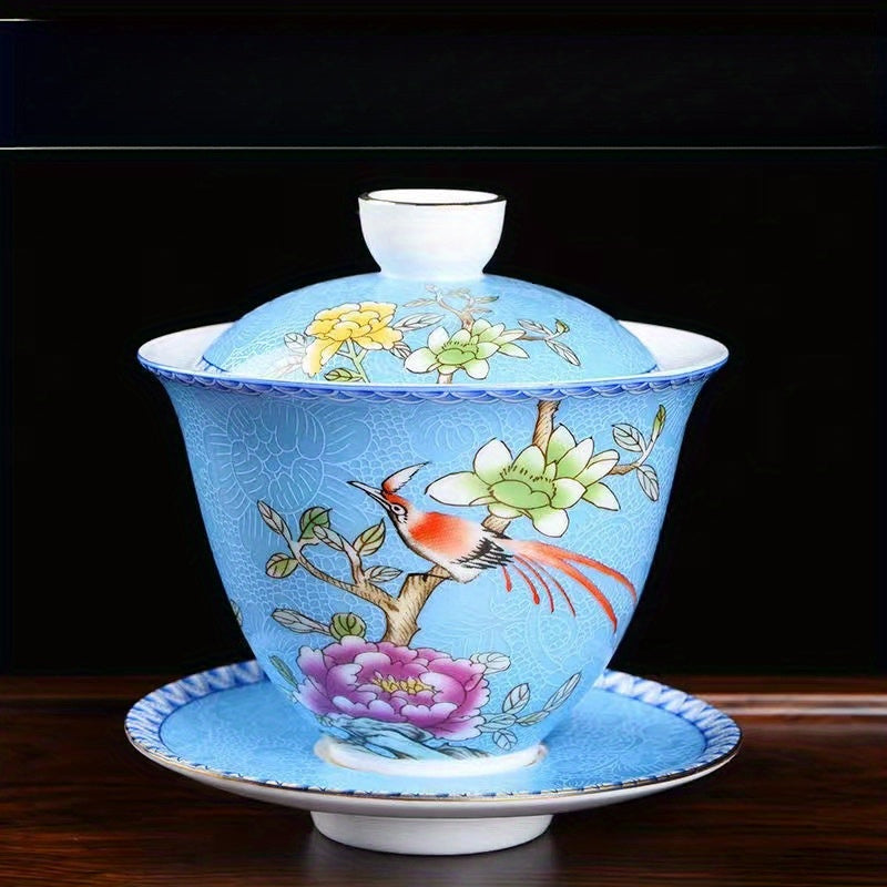 Ceramic Enamel Covered Tea Cup Set With Lid And Decor