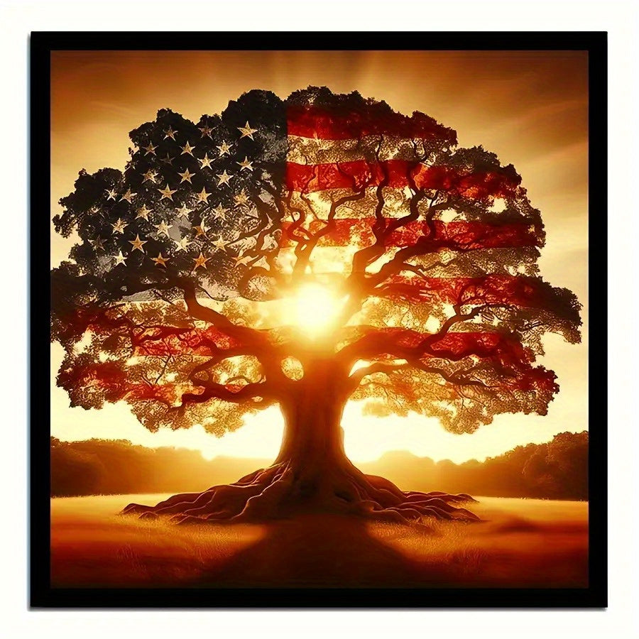 Patriotic Diamond Painting Kit Flag Tree Design Round