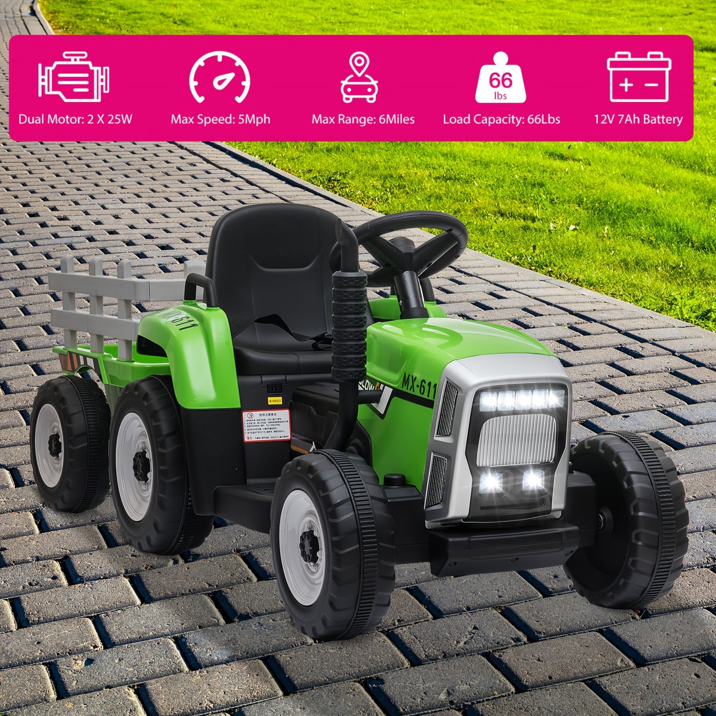 12V Green Ride-On Tractor With Trailer And Remote Control