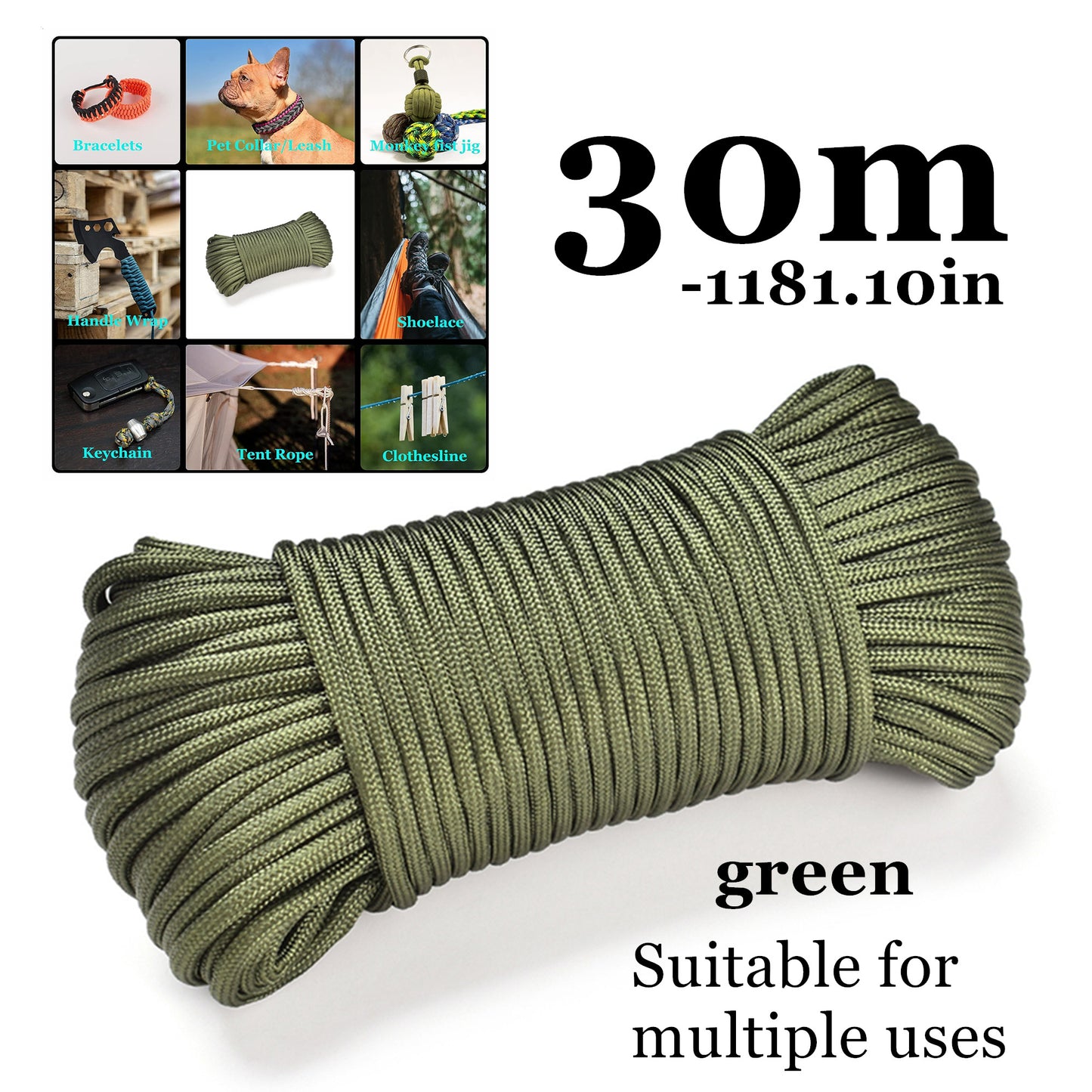 Green Nylon Rope 1181 Inch Braided Rope For Camping Fishing